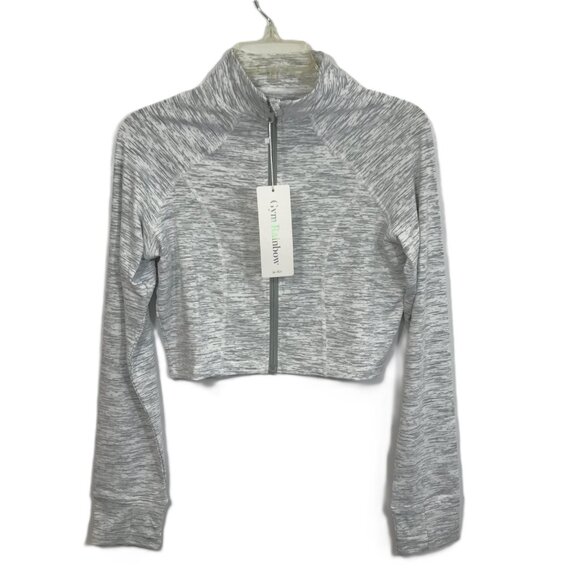 Fitted Cropped Zip Hoodie Jacket Thumb Holes Gray White L - Picture 12 of 12